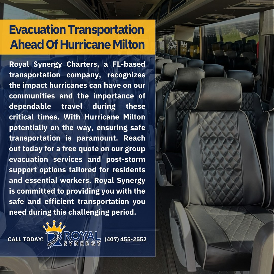 As we brace for the potential impact of Hurricane Milton, being prepared is essential. Royal Synergy is here to ensure you have the reliable transportation needed for group evacuations and post-storm assistance. Don’t wait until it’s too late—take proactive steps to safeguard yourself and your community. Our dedicated team is ready to support residents and essential workers in navigating these uncertain times. Together, we can face the storm with confidence and resilience. Reach out today to discuss how we can assist you. Stay safe, and let’s prepare together!
•
#HurricaneMilton #StayPrepared #GroupEvacuations #PostStormSupport #FloridaStrong #RoyalSynergy #TransportationSafety #HurricaneReady #CommunitySupport #DisasterPreparedness
