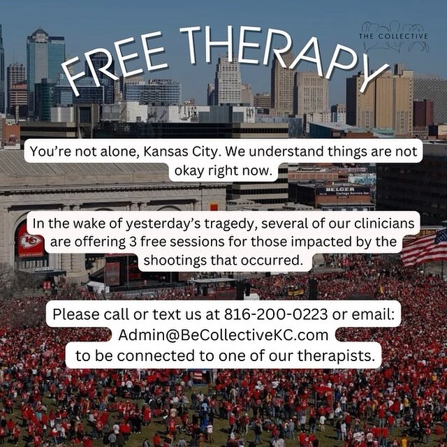 Please reach out if you or a loved one needs support processing the shooting at Union Station yesterday after the parade and rally.
Whether or not you were in attendance, this has impacted our entire community. Your mental wellbeing matters. Early access to care to process events like these can be crucial.
Contact @becollectivekc through the info on this post, or you can reach out directly to me through my website (see link in bio).