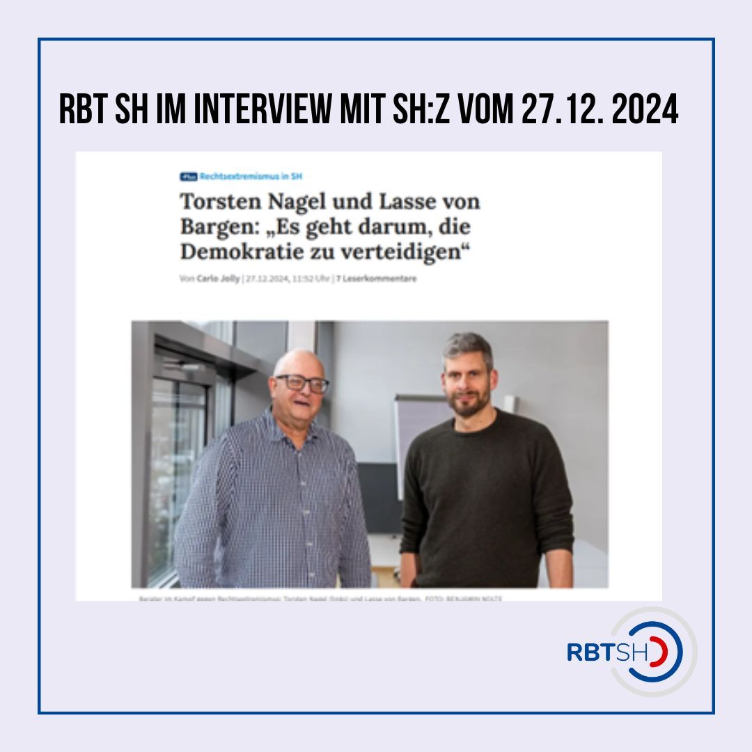 Torsten Nagel und Lasse von Bargen vom RBT SH geben im Interview mit Carlo Jolly vom SH:Z eine Einschätzung zum Thema Rechtsextremismus in Schleswig-Holstein ab.
Das Jahr 2024 hat demnach aus Sicht des RBT SH deutlich gezeigt, dass Rechtsextremismus auch in Schleswig-Holstein auf dem Vormarsch ist.
Zugleich trat in Form von Bündnissen und Initiativen für Vielfalt und Demokratie und gegen menschenverachtende und antidemokratische Haltungen vielerorts die demokratische Zivilgesellschaft eindrucksvoll in Erscheinung.
Das vollständige Interview findet ihr hier:
https://shorturl.at/6zHgX