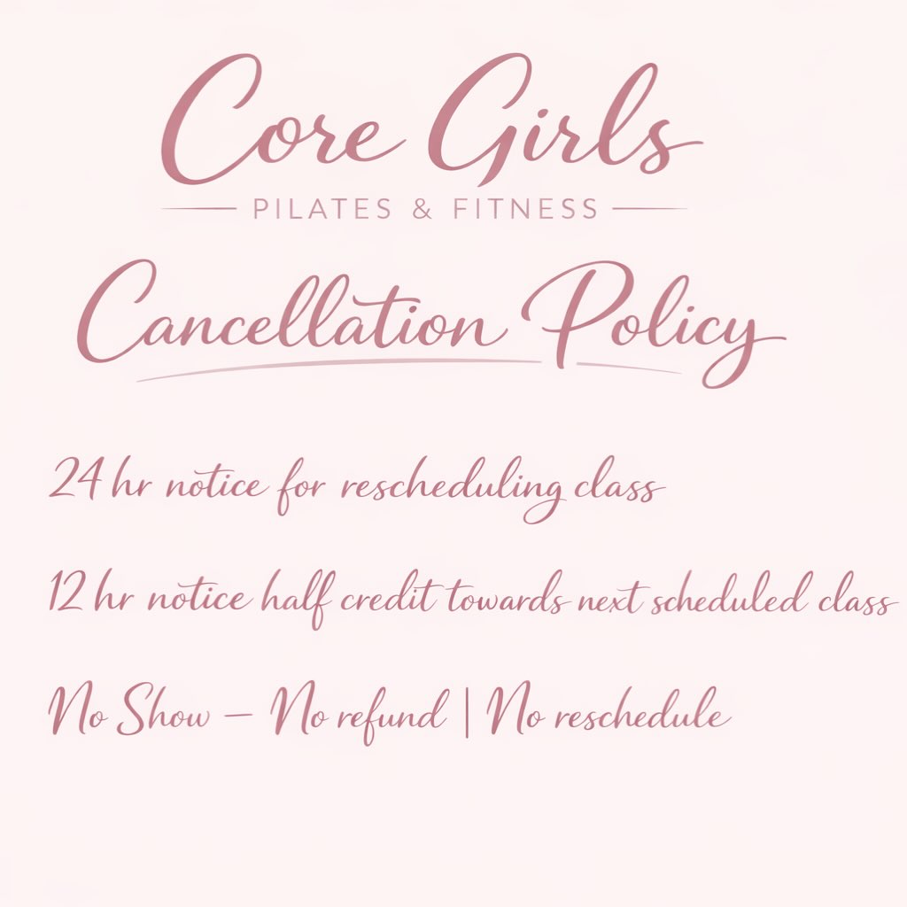 Our classes have limited spots per session to ensure quality instruction and a smooth class experience ✨ Because availability is limited, please be mindful when booking and follow our Cancellation Policy, as late cancellations and no-shows take spots from other clients. Thank you for understanding and supporting Core Girls Pilates & Fitness 🩶