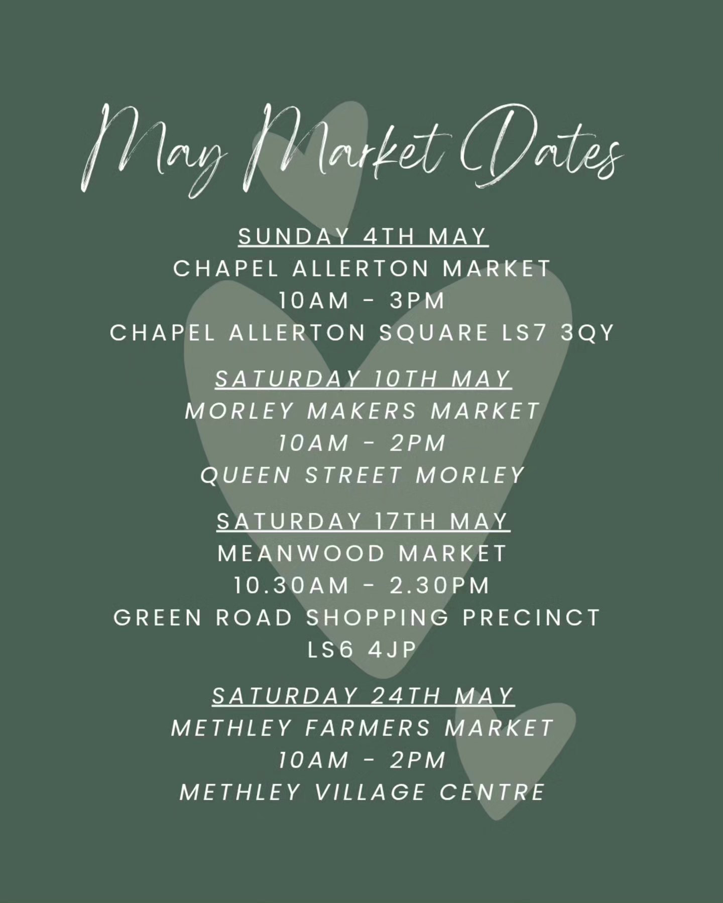 Updated May Market Dates as I had added one that isn't going ahead 🙈
My first of two new events is this Saturday, and it is the Morley Makers Market. I'm so excited to be trading from a new venue and hope you'll come along and support us all.
My May markets are as follows:
• Sunday 4th May – Chapel Allerton Market
@chapel_a_community_market ✅️ DONE
• Saturday 10th May – Morley Makers Market
@happy.gnome.markets
• Saturday 17th May – Meanwood Market
@meanwood_market
• Saturday 24th May – Methley Farmers Market
@happy.gnome.markets
Come say hello, stock up on your favourites, and discover something new 🧼🫧
I can’t wait to see you all there.
#maymarkets #happygnomemarkets #chapelallertonmarket #morleymakersmarket #meanwoodmarket #methleyfarmersmarket #supportsmallbusiness #handmadewithlove #localmarkets #yorkshiremarkets #leedsindependents #leedsmarkets #handmadebusiness #artisansoap #handmadesoap #naturalsoap #naturalskincare #whippedbodybutter #shampoobar