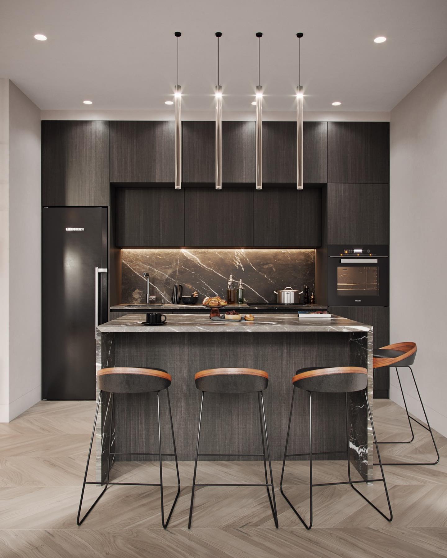 🇺🇸Choose integrated appliances for a sleek streamlined look. 🇧🇷Escolha eletrodomésticos integrados para um visual simplificado e elegante. #cabinetry #kitchendesign #oak #design #newyork