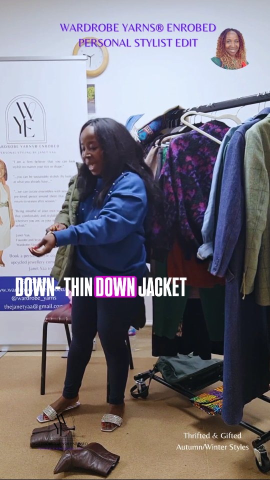 If I'm warm, I'm happy.
In dry (snow/windy) colder weather conditions, wearing a lightweight down jacket underneath your coat is an excellent way to keep warm. This mid-layer keeps your body insulated.
Alternative to down (vegan-friendly) or if you are in high-moisture conditions (heavy rain/snow), a jacket with synthetic filling is better suited for wearing under your coat. If you can get recycled synthetic filling, that is a bonus for your sustainability credentials.
Layering an oversized pre-loved woollen longline overcoat means you can keep warm and still look polished (no matter what you're wearing underneath). 💜💃🏿
#layeringup #downjackets #keepingwarm #sustainablestyle