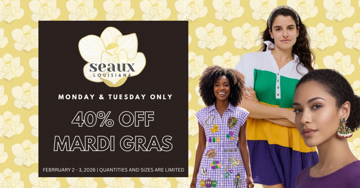 Happy Monday!
Today and tomorrow, enjoy 40% off of the Seaux Louisiana Mardi Gras Collection!
www.seauxlouisiana.com
#mardigrasstyle #mardigras #louisianagirl #seauxlouisiana