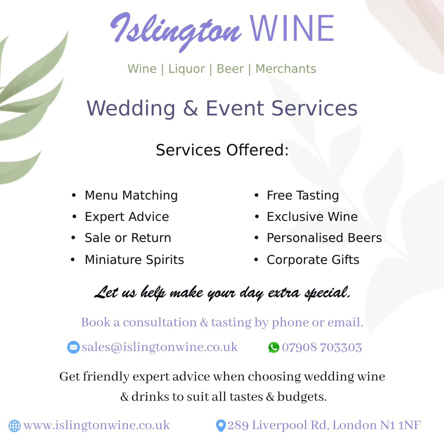 💍✨ Planning your big day? Let Islington Wine take care of the drinks! 🍷🥂
From menu matching and miniature spirits to free tastings and personalised beers, we offer a full range of services to make your celebration unforgettable.
📞 Book your consultation & tasting today!
📍289 Liverpool Rd, London N1 1NF
📧 sales@islingtonwine.co.uk | 📱 07908 703303
🌐 www.islingtonwine.co.uk
#IslingtonWine #WeddingDrinks #LondonWeddings #WineTasting #EventPlanning #WeddingInspo #PersonalisedDrinks #LondonEvents #UKWeddings #DrinksService #EventStyling #BridalPlanning #corporategifts