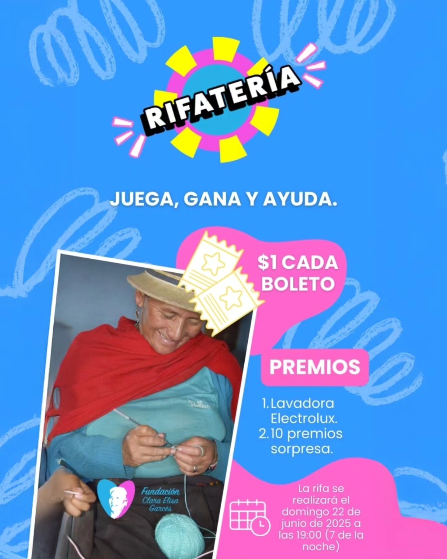 ¡Un pequeño gesto, un gran impacto!
Compra tu boleto por solo $1 y apoya nuestras capacitaciones en Rodeopamba.
¡Puedes ganar una Lavadora Electrolux o uno de los 10 premios sorpresa!
Nos vemos en el sorteo:
Domingo 22 de junio de 2025 | 19:00 hrs
Juega, gana y ayuda con la Fundación Clara Elisa Garcés.
Gracias @jessikaibeth por el arte!
#rifa #loteria #fundaciónclaraelisagarcés #funding #juegaygana #premios #desarrollosostenible