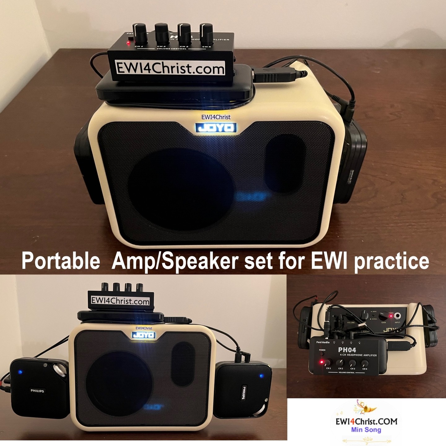 Battery powered Amp/Speaker set for EWI practice : JOYO 10W Mini Bass amp + 2 Philips BT2500B/37 Speakers + Fosi Audio PH04 headphone amplifier/audio splitter+ DC5V to DC12V USB voltage step up converter and USB power bank. I found that a good Bass amp/speaker is ideal for EWI sound modules.
#ewi #windcontroller