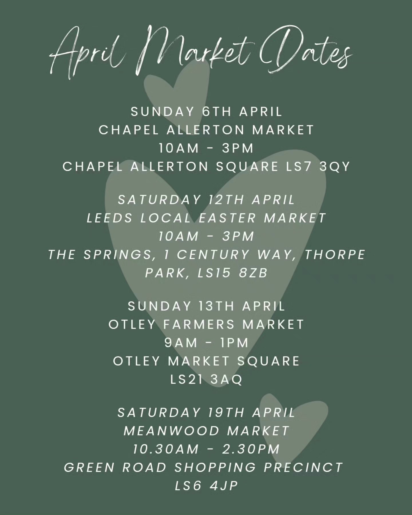 April is here. The sun is shining and I’ll be popping up at some of my favourite local markets with your favourite handmade soaps and body care!
Here’s where you can find me this month:
🛍 Sunday 6th April – Chapel Allerton Market (10AM - 3PM)
📍 Chapel Allerton Square, LS7 3QY
@chapel_a_community_market
🌼 Saturday 12th April – Leeds Local Easter Market (10AM - 3PM)
📍 The Springs, 1 Century Way, Thorpe Park, LS15 8ZB
@yorkshireurbanmarkets
🌿 Sunday 13th April – Otley Farmers Market (9AM - 1PM)
📍 Otley Market Square, LS21 3AQ
@realmarketsyorkshire
🌸 Saturday 19th April – Meanwood Market (10:30AM - 2:30PM)
📍 Green Road Shopping Precinct, LS6 4JP
@meanwood_market
Pop by to stock up on skin-kind, earth-friendly soap and support your local indies—I'd love to see you there!
.
.
.
.
.
.
.
.
.
.
.
#HandmadeSoap #AprilMarkets #ShopSmall #SupportLocal #LeedsMarkets #NaturalSkincare #LeedsLife #YorkshireBusiness #LeedsIndependents #LeedsLocal #OtleyMarket #OtleyFarmersMarket #ChapelAllerton #ChapelAllertonMarket #Meanwood #MeanwoodMarket #WestYorkshire #TheSprings