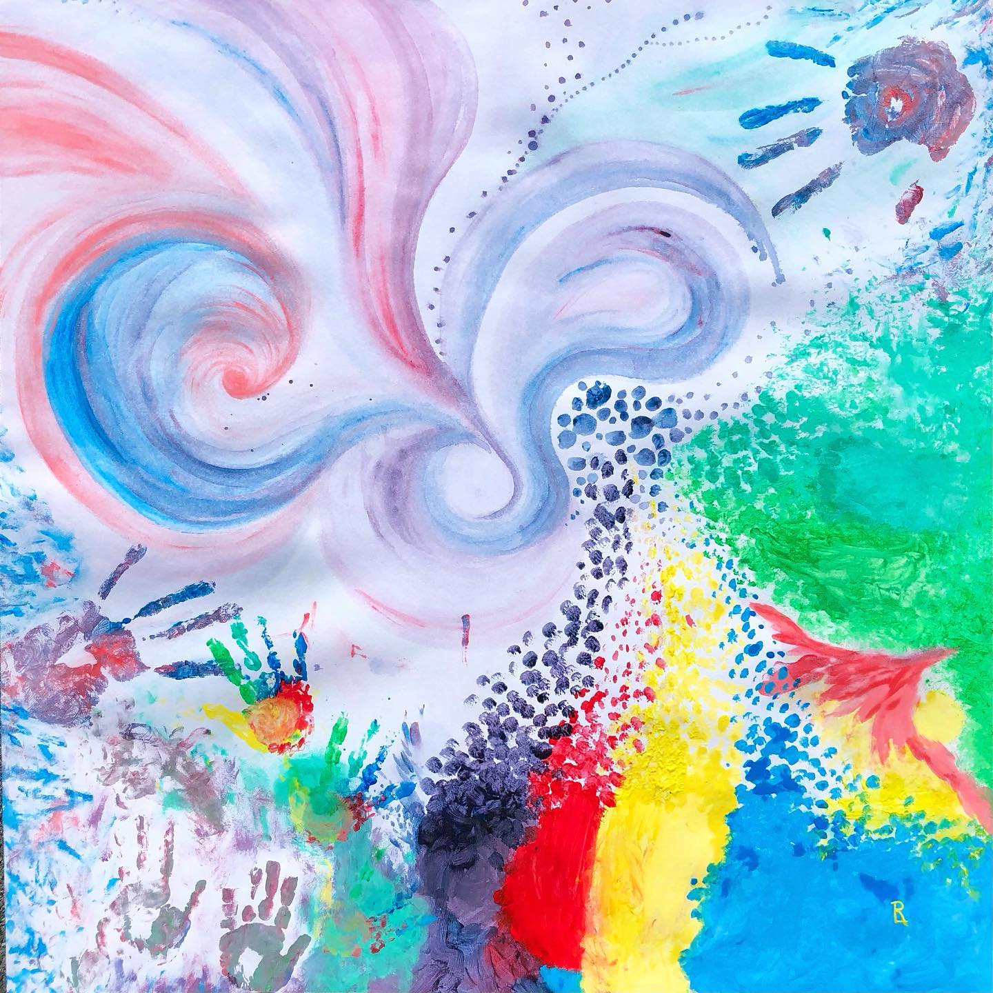 Heute hatte Rosalie wieder einmal Lust auf Fingerfarben. Dieses große bunte Werk (75 x 75 cm) ist dabei entstanden. Ich habe bei meinem Kind und auch bei mir in den letzten Tagen ein wachsendes Ruhe- , Ordnungs- und Erholungsbedürfnis gespürt, die letzte Zeit empfand ich als „laut“ und fordernd, deshalb durfte Rosalie heute Morgen auch zu Hause bleiben. Meine Sehnsucht nach Erholung hat sich durch sanfte Formen in Blau- und Lilatönen ausgedrückt. Rosalie malte fröhlich in allen Farben des Regenbogens. Ganz zum Schluss setzte sie noch ihre kunterbunten Handabdrücke ins Bild, von denen einer meinen eigenen zartfarbigen Handabdruck berührt. Mich bewegt das sehr, vielleicht heißt es „Mama, hilf mir, Ruhe zu finden in der lauten bunten Welt“, vielleicht ist es auch eine Einladung an mich, in all meiner Sehnsucht nach Ordnung und Ruhe dem Leben, der Lebendigkeit, vielleicht sogar dem von mir so ungeliebten „Chaos“ Vertrauen zu schenken. Mein Kind lädt mich also ins Leben ein. Wie wunderbar!
Im unteren Bildteil ist übrigens keine Deutschlandflagge 😄.
🩷❤️🧡💛👧🏻👩🏻🎨💚🩵💙💜
.
.
@hervelancelin
#luftfarben #colorfulartwork #luxembourgartprize #nachwuchskünstler #artwork #colorfulart #fingerfarben #wirmalenunsdieweltwiesieunsgefällt #buntistmeinelieblingsfarbe #toddlerpainting #toddlerart #toddlerartist #farbenfroh #ilovecolors #fantasie #colorfullikearainbow #seelenbilder #soulpainting #instaart #rainbowcolors #fingerpaints #artthatmakesyouhappy #artthatmakesyoufeelgood #artes #spiritualart #hochsensibelglücklich #ruheistderneueluxus #taketimetorest #einladunginsleben #daslebenistbunt