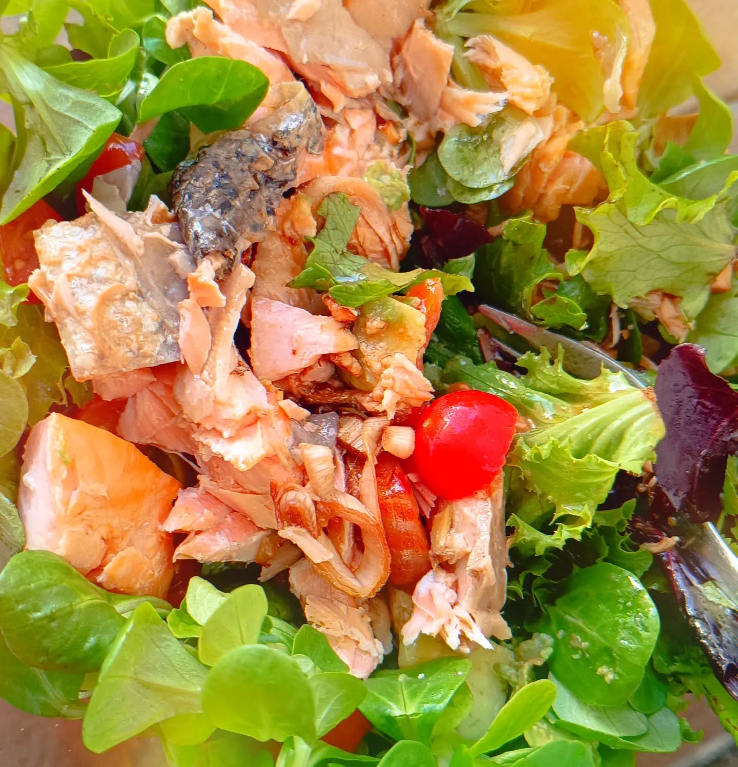 Após o jantar, há sempre restos, e porque não uma salada com o salmão, tomate, abacate e uma vinagrete simples?