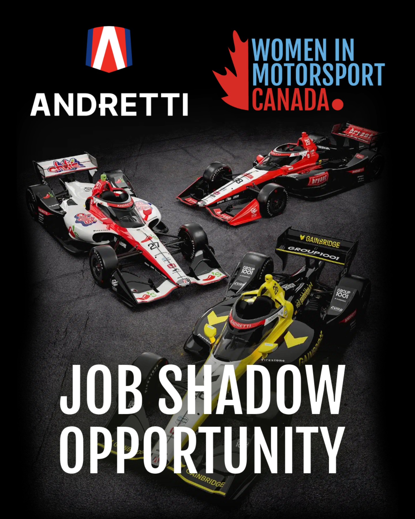 🔥JOB SHADOW OPPORTUNITY🔥
Your IndyCar weekend just got a whole lot better. 😎
WIMCanada is partnering with Andretti IndyCar to provide an invaluable job shadowing experience to TWO women passionate about a career in motorsport.
What can you expect?
On Saturday, July 19th you'll join Andretti team members at the front lines of IndyCar — in either PR & media, or gearbox mechanics!
Andretti is a team that continues to make big waves in the series, and this is your chance to dive right into the excitement of world-class motorsport.
Interested? If you are passionate and want to learn more about PR & media or gearbox mechanics, DM us @WIMCanada before 11:59 PM EST TOMORROW, Saturday July 12th and let us know why you'd be the perfect fit for this transformative opportunity.
*Chosen applicants will be responsible for transportation and any required accommodations.