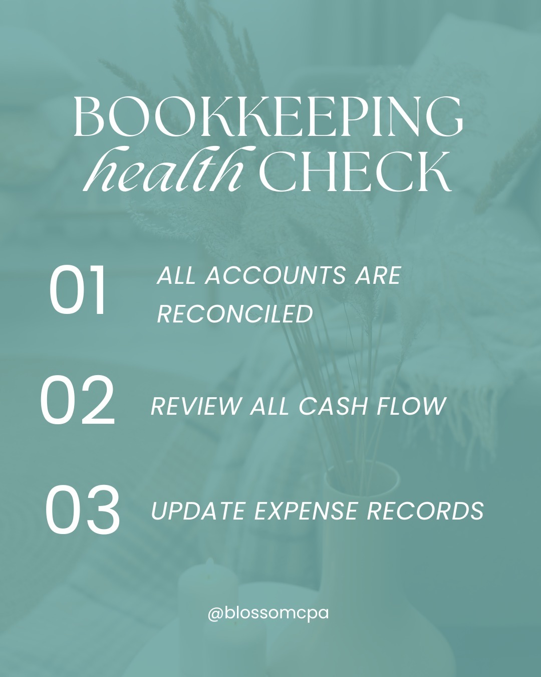 Is your bookkeeping in good health? Here are 3 essential checks every business should perform to stay financially fit.
From reconciling bank accounts to tracking outstanding invoices, regular bookkeeping health checks can prevent costly mistakes and keep your business running smoothly.
Staying on top of your cash flow, payroll, and expenses helps you make informed decisions and ensures you're always ready for tax season.
Start checking your books today!
Need help with your bookkeeping?
Let Blossom CPA guide you through it!
#CanadaConstruction
#CreativeEntrepreneurs
#SmallBusinessFinances
#InteriorDesignBusiness
#CanadianBuilders