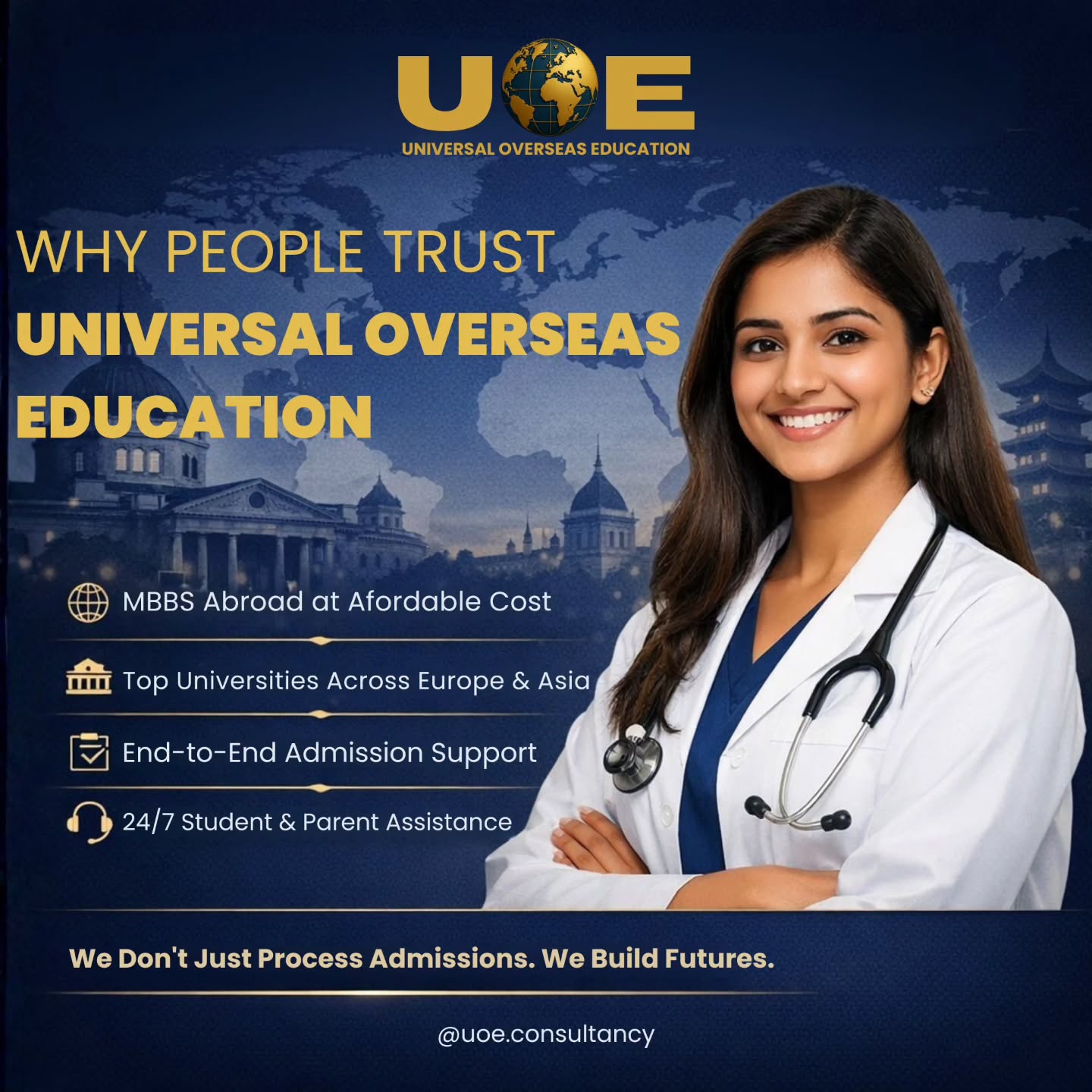 Thousands of dreams. One trusted guide. ๐๐ฉโโ๏ธ
From choosing the right country to stepping into a global medical universityโ
UOE Consultancy is with you at every step.
โจ Affordable MBBS Abroad
โจ Top Universities Across Europe & Asia
โจ Complete Admission Support
We donโt just process admissions. We build futures.