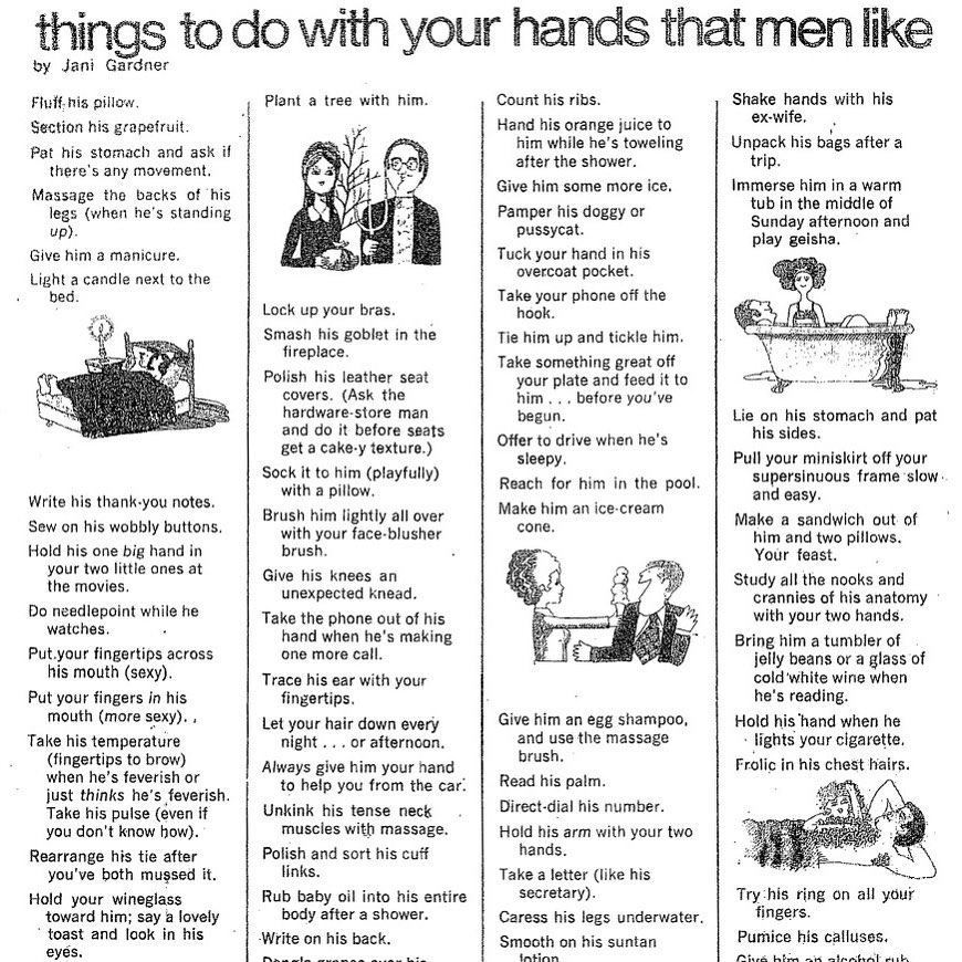 I’ve talked a lot about the hilariously absurd old-fashioned dating advice you’ll find in THE ROM CON, and here’s just a teaser: “Things to do with your hands that men like.” Spoiler: ‘Frolic in his chest hairs’ is just one of the tips that made it into the book. Which ones are your favorite?
Yes, this article is real, printed in the January 1970 issue of Cosmopolitan magazine. You can view the full list on my website via the link in my bio! #12days