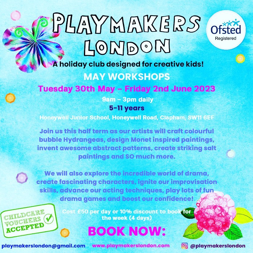 We. Are. Back 🥳🥳
SO excited about our upcoming May Workshops!
Running from Tuesday 30th May- Friday 2nd June, 9am-3pm at Honeywell School.
Childcare vouchers are welcome!
Send me an email to book: playmakerslondon@gmail.com
🥳🎉🤩🎊🎨