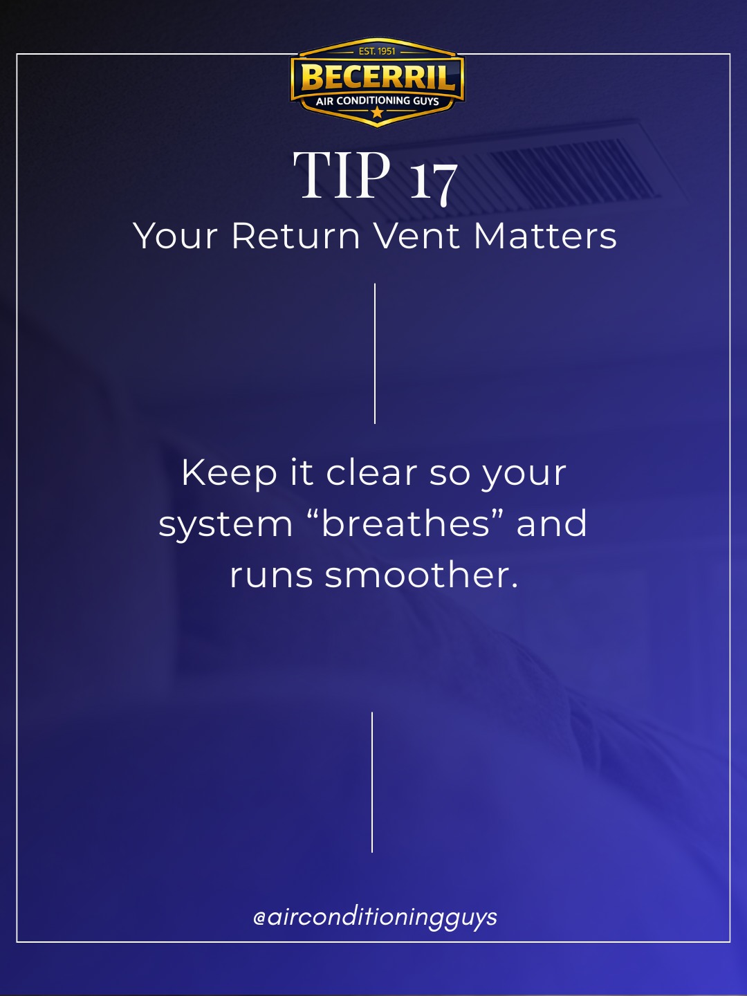 🫁💨 Your return vent matters! Keep it clear so your system breathes and runs smoother. ✅ Save this tip.
#ElCentro #ImperialValley #HVACTips #Comfort #HomeMaintenance #acguys