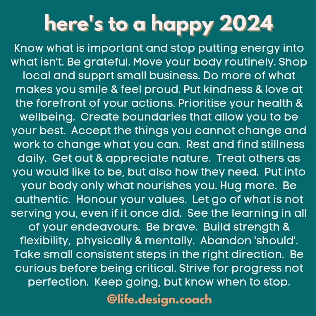 HNY you beautiful humans! 💫🎉 Once again sharing my updated principles and wisdom to live by in 2024 for a happier, calmer, kinder and better life.✌️❤️
Rather than resolutions, how about writing an annual mini manifesto?
What particularly resonates for you? What would you add? What would you remove?
P.s. excuse the typo!