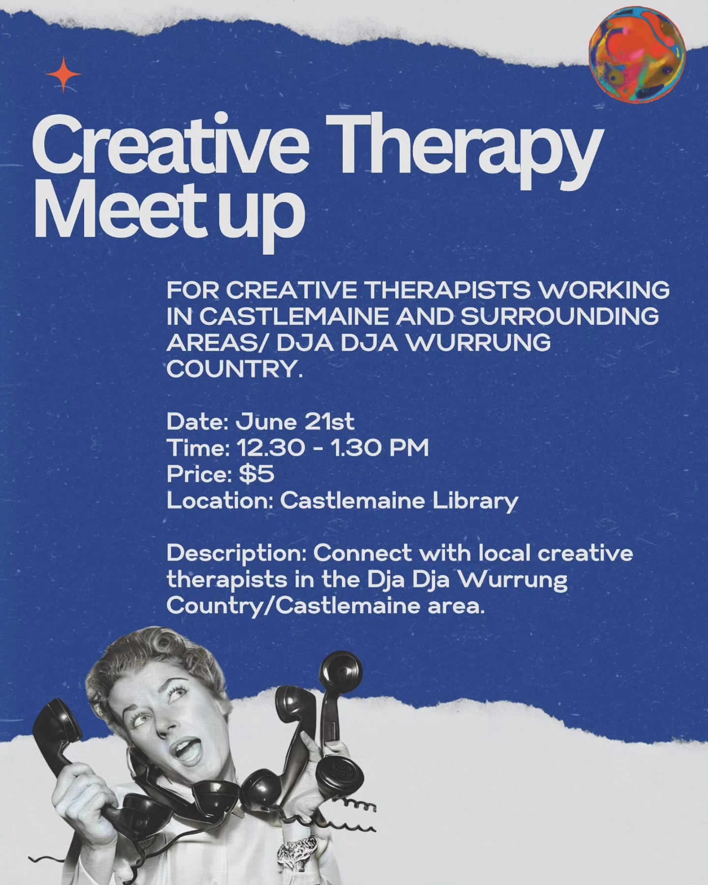 As the first one was so lovely, we are doing a second ❤️
Creative Therapy Meetup for Creative therapists living and working in Castlemaine and surrounding areas, including Dja Dja Wurrung Country.
The meet-up will have a relaxed and friendly atmosphere, providing a chance for knowledge sharing, collaborative learning, and mutual support.
Date: June 21st
Time: 12.30-1.30PM
Price: $5 (can pay on day)
Location: Castlemaine Library, The Tammia’long Room.
Feel free to bring along: Art materials, a warm drink and if you need to bring your little ones, please do.
Tickets : In bio
ID: Person from the 1950s holding multiple phones in black and white on a blue background with the above information laid over the image on text.
#arttherapy #creativetherapy #peersupport #castlemaine