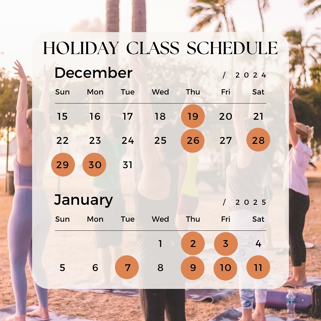 Merry Christmas everyone! 🎄
Here is our Christmas & NY holiday schedule. Come and make sure to dedicate some time for self-care and movement during this busy holiday season! 🙏🏼
www.ptryogahawaii.com