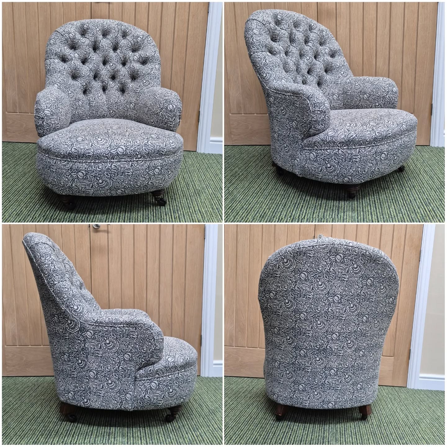 Iron back nursing chairs tend to have a distinct profile, which is emphasised by deep buttoning. We completely rebuilt this chair from the original frame before selecting James Hare's Gardyne in Ink for the top fabric.
#walkerandwalker #handmadecurtains #reupholstery #softfurnishingsmaker #softfurnishings #handmadesoftfurnishings #handmade #curtainmaker #reupholsterer #handmaderomanblinds #madetomeasure #romanblindmaker #romanblinds #handmadecushions #cushions #swagsandtails #jamesharefabric