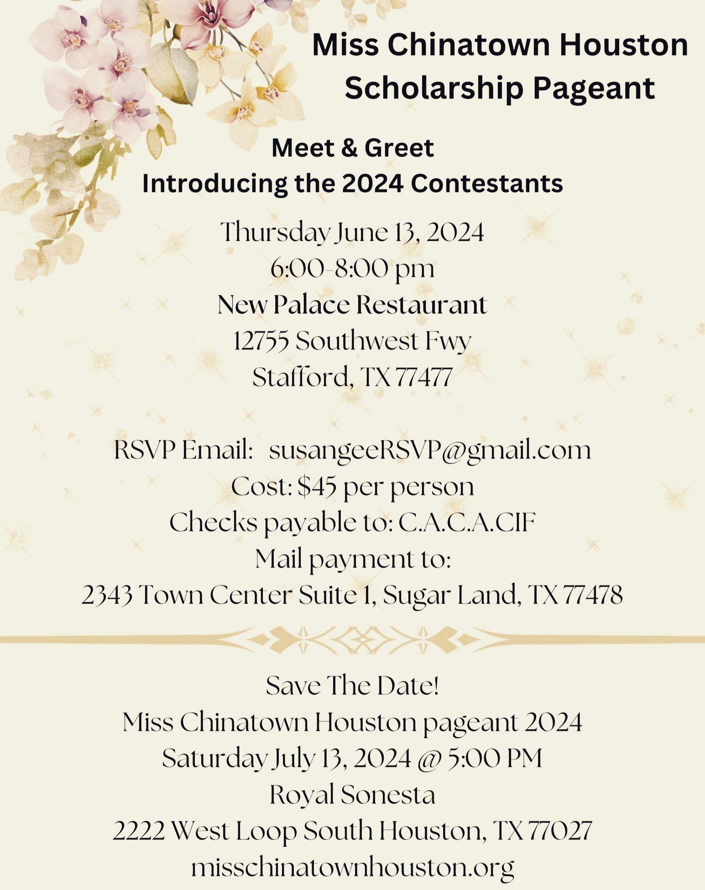 Please join us and meet the 2024 contestants for the Miss Chinatown Houston Scholarship Pageant! RSVP information is in the flyer below.