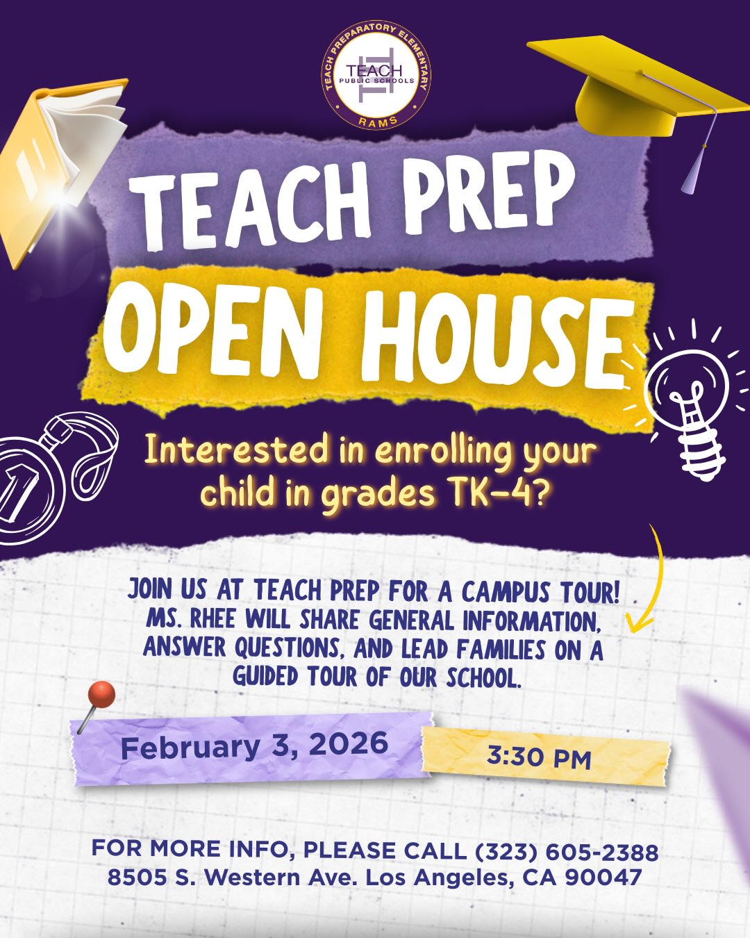 ๐ฃ Interested in enrolling your child at TEACH Prep?
Join us for a campus tour on Tuesday, February 3rd at 3:30 PM! Families with students in TKโ4th grade are invited to learn more, ask questions with Ms. Rhee, and tour our campus.
Please help us spread the word!
For questions, contact Luis Ramirez at 323-605-2388. ๐โจ
#TEACHPrep #TEACHPublicSchools #SchoolTour #ElementarySchool #FutureScholars