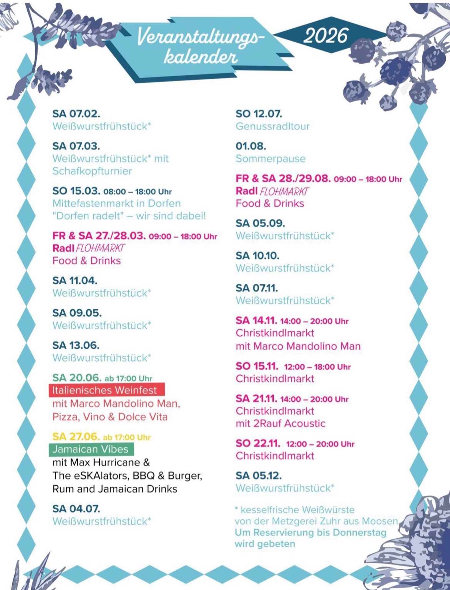 ✨ Unser Veranstaltungskalender 2026 ist da! ✨
Auch im neuen Jahr haben wir wieder viele besondere Termine für euch geplant – vom Weißwurstfrühstück über unsere erste Genussradltour bis hin zu RADLFlohmarkt, Sommer-Events und unserem stimmungsvollen Christkindlmarkt.
Fürs Weißwurstfrühstück bitten wir euch um kurze Anmeldung – so ist für jeden genug da 🥨😁
Und zur Genussradltour folgen bald weitere Infos 🚴♂️
Mia gfrein uns auf eich! 🤍
📍 Zweirad Holbl
Blainöd 1
84416 Taufkirchen (Vils)
📞 08084-2321
📧 servus@zweiradholbl.de
ℹ️ Alle Termine findet ihr im Kalenderbild
#zweiradholbl #taufkirchenvils #veranstaltungen2026 #genussradltour #weißwurstfrühstück @marcomandolinoman @eskalators2022 @2rauf.acoustic @hallerwein @rh_toilettenwagen @katja_wunder @jahn_nicole @mella_hylert @ridecannondale @cannondaleroad @pocsports @koo_world @ktmbikeindustries @marinbikes_dach @kubikes_official @ortlieb_waterproof @swiftindustries @bassobikes