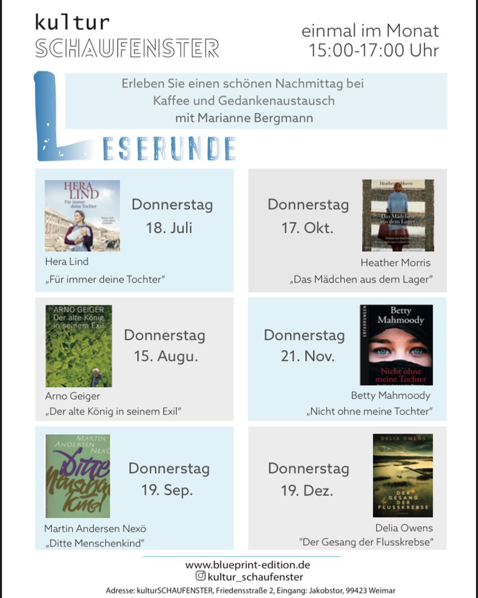 Leserunden Nummer 1
Datum: 18.Juli
Uhrzeit: 15.00 Uhr
Mit Marinne Bergmann
Titel: „Für immer deine Tochter“
Autor: Hera Lind
Beschreibung: Die Handlung führt in die Zeit von 1942 -1945 und lässt uns die Kraft der Frauen dieser Zeit bewusst werden.