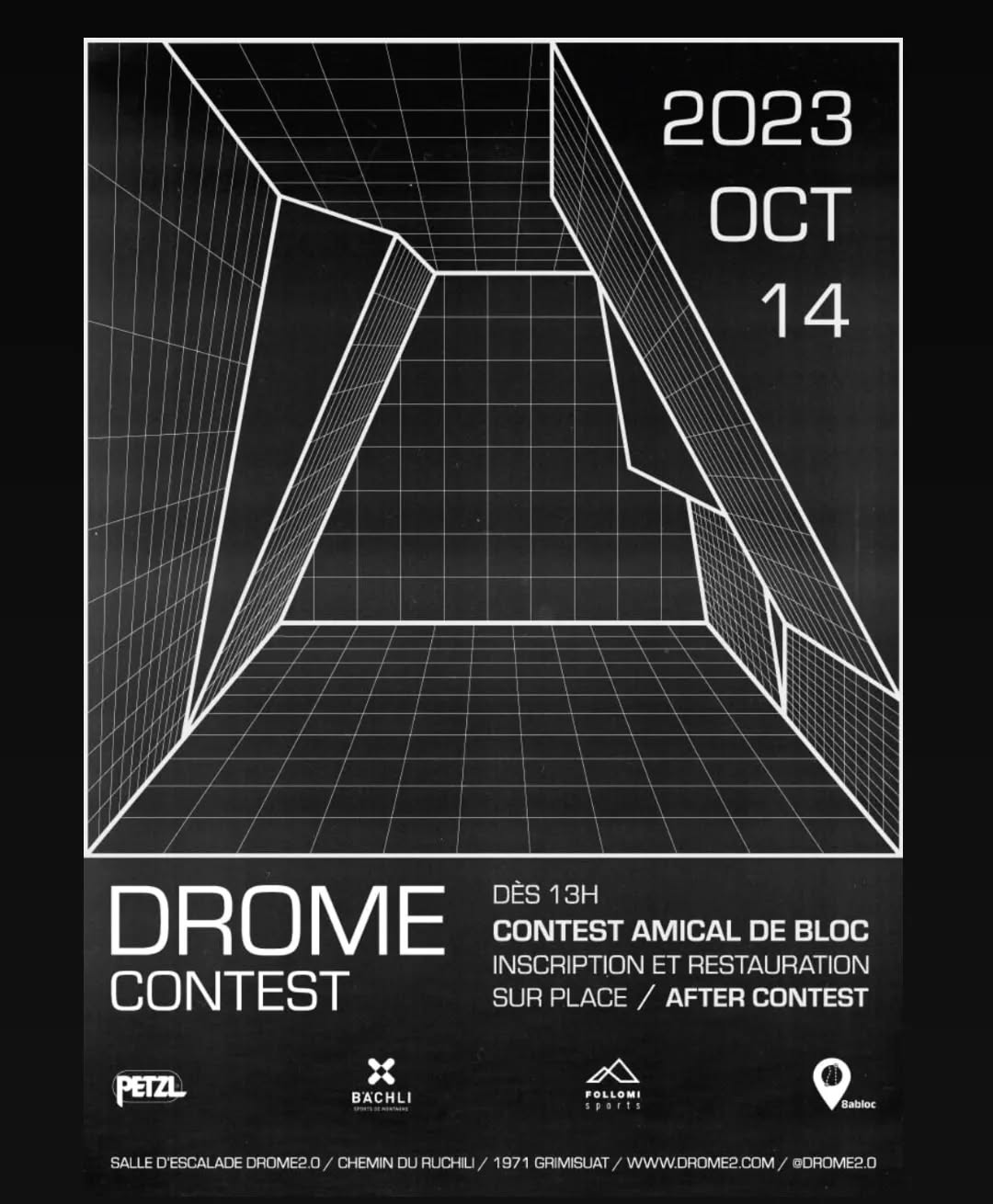 Hello,
On vous attend ce week-end pour le DROME CONTEST
Vous êtes tous et toutes les bienvenus.
-
Merci à nos sponsors qui nous ont donnés de beaux lots pour les participants.
-
@follomisports
@baechlibergsport
@8abloc.ch
@petzl_official
