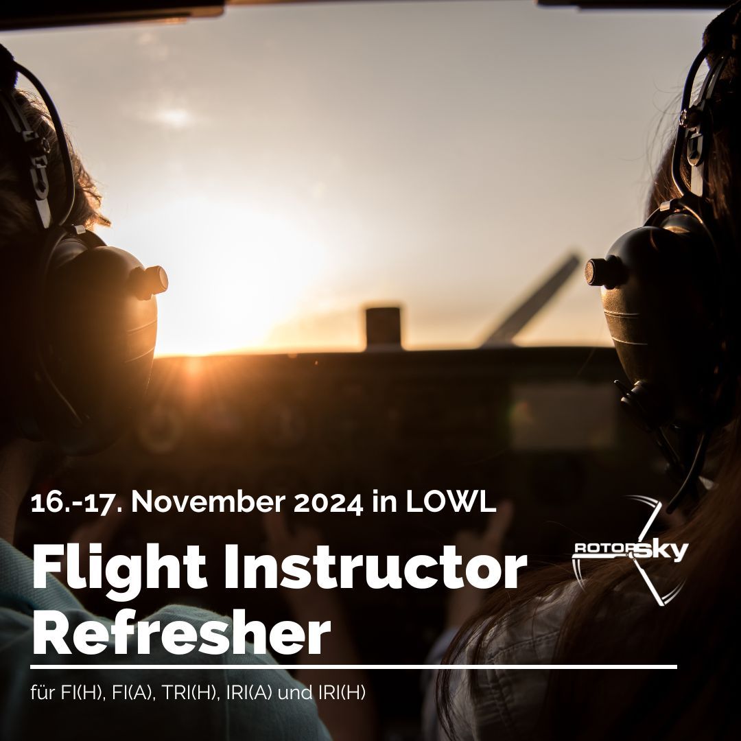 Wir freuen uns euch bei unserem nächsten FLIGHT INSTRUCTOR REFRESHER COURSE begrüßen zu dürfen!!! 😎
Gültig zur Verlängerung folgender Lehrberechtigungen: 🚁🛫
FI(A), FI(H), TRI(H), IRI(A) und IRI(H).
Der Kurs findet im Schulungsraum am Flughafen Linz (Flughafenstraße 1, 4062 Hörsching) statt.
Auskunft und Anmeldung unter fly@rotorsky.at
Auch dieses Mal konnten wir wieder hoch qualifizierte Vortragende für unseren FI Refresher gewinnen.
Der genaue Kursplan kann ebenfalls gerne über fly@rotorsky.at angefordert werden.
KOSTEN:
Die Kosten für den gesamten Kurs inkl. Unterrichtsmaterial und die Ausstellung des Zertifikates betragen EUR 390,00 inkl. USt. pro Person.
Dieser Kurs wird nach EASA-PART FCL.940.FI(a)(2) abgehalten. Den Teilnehmern wird nach Absolvierung der 2 Kurstage ein Zertifikat ausgestellt.
Bei Rückfragen stehen wir gerne unter +43 664 1266341 oder fly@rotorsky.at zur Verfügung!
Anmeldungen bitte per Mail an fly@rotorsky.at
#flugschule #linzairport #refresher #flighttraining #pilot #pilottraining #pilotenausbildung #becomeapilot
#wearerotorsky #avgeek #helicopter #flightschool #flightinstructor #flying #becomeanaviator #pilots #Fluglehrer #hubschrauber