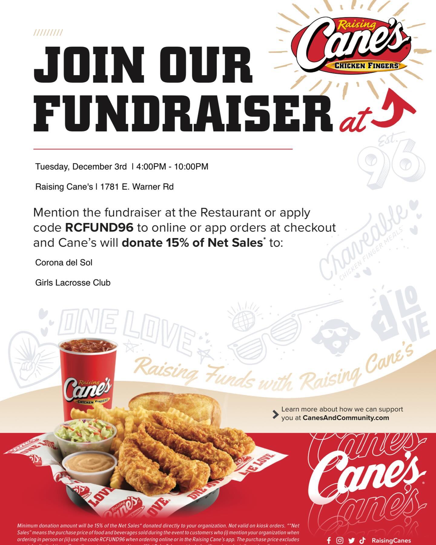 Stop by Canes on McClintock and Warner on Tuesday, December 3rd between 4-10pm for a fundraiser! Be sure to mention CdS Girls Lacrosse at checkout! 🧡🖤 #cdsgirlslax