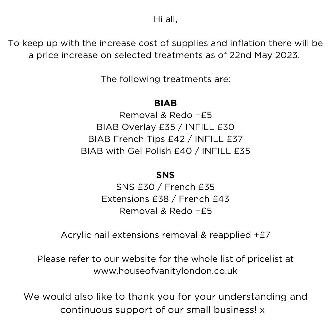To our valued customers,
We would like to inform you that starting on the 22nd of May 2023, there will be a price increase on certain treatments due to the rising cost of supplies. We understand that many people are facing financial difficulties due to the cost of living, and we have done our best to keep costs as low as possible.
We sincerely appreciate your understanding and continued support, and we remain commited to providing you with high quality and affordable services. If you have any questions please do not hesitate to contact us. Thank you for your loyalty and trust ๐๐ผ