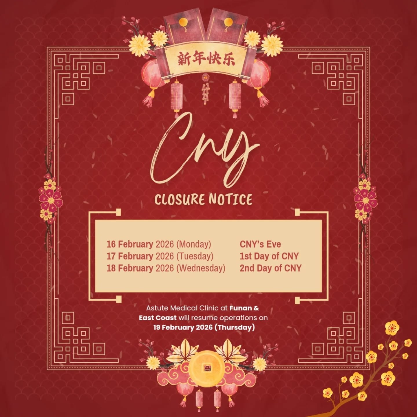 🏮 CNY Closure Notice 🏮
Please be informed that our clinics will be closed from 16 - 18 Feb 2026 during the Chinese New Year and will reopen on 19 Feb 2026, Thursday.
Limited appointment slots are still available before the CNY, book now for your last minute glow up!