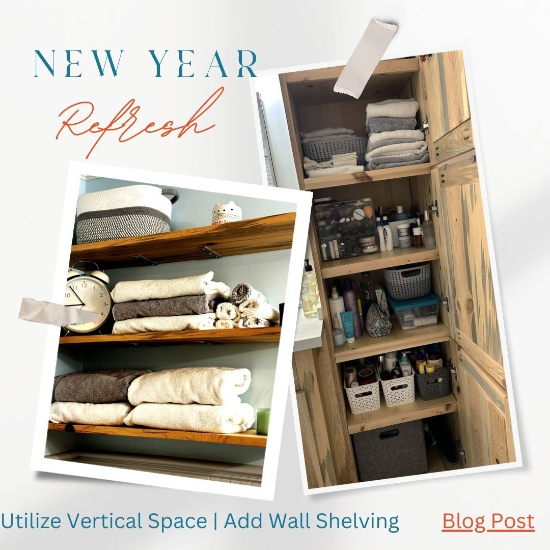 Utilizing wall space for shelves was a big win! I store towels on the shelves and have excess room in the cabinet for ALL of the junk I keep in the bathroom. Read my blog post on my website for more details.