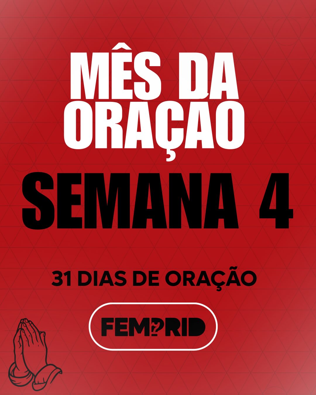 Pessoal, finalizamos nossa 4ª semana de oração
Vamos nos lembrar os temas pelos quais estivemos orando ao longo dessa semana, buscando juntos a presença de Deus e colocando tudo nas mãos d’Ele.
Que possamos continuar firmes em oração, confiando que o Senhor está no controle de todas as coisas.