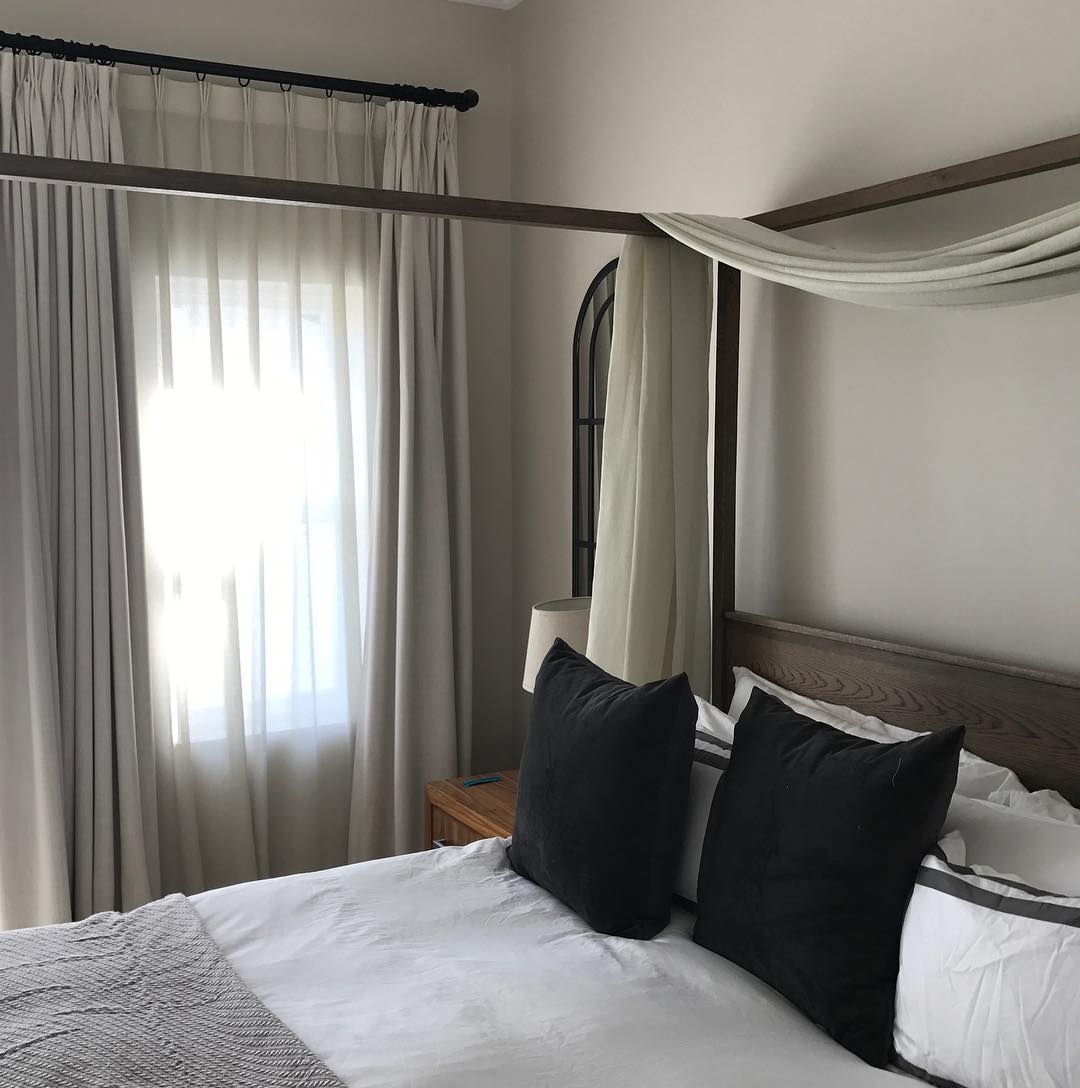French pleat curtains with black rods, linen voile bed drape #interiors #curtains