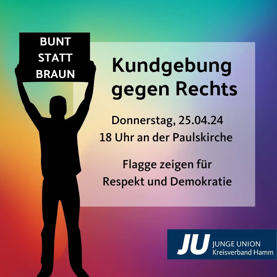#buntstattbraun - Donnerstag heißt es wieder Flagge zeigen gegen Rechts, Flagge zeigen für #Respekt und #Demokratie! Wir hoffen erneut viele von euch anzutreffen.
#hammistbunt#keinplatzfürrassismus#juhamm#jungeunion