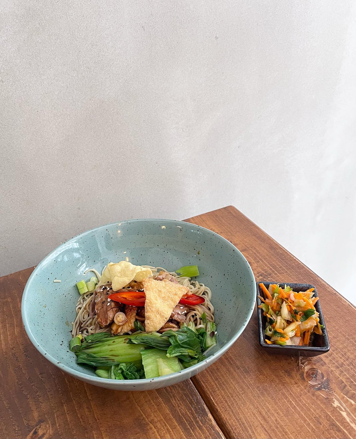 Something new is coming! This is โBha Mee Pedโ - Egg noddles with grilled duck breast, pack choi, sweet soy sauce and garlic. Also with a side of sweet and sour kimchi salad. Please try, you will not be disappointed ๐ Available to order from July 18th โฃ๏ธ
