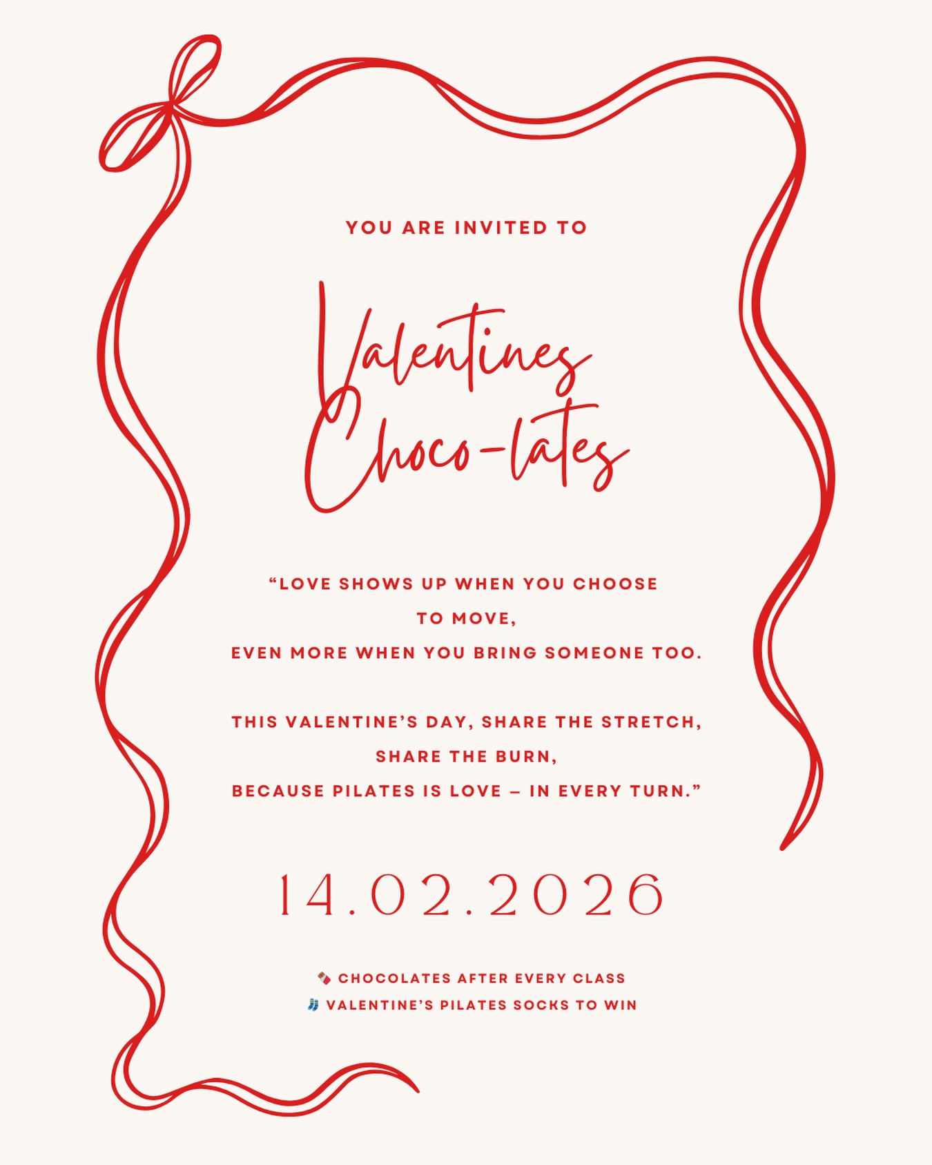 Valentine’s Day Choco-Lates at Urban Pilates 💕
This Valentine’s Day, we’re celebrating movement, connection, and a little extra love in every class ✨
🍫 Chocolates after every class
🧦 A pair of Pilates socks to win after every class
How to win the socks 👇
Our instructor will hide a little red heart ❤️ under one reformer before class. At the end of each class, the member who finds the heart wins a pair of Pilates socks (p.s. we have Valentine’s Day socks!)
💘Unlimited members can bring a loved one for free
💘All other members can bring a loved one for just $34
Our Valentine’s Day classes:
🌹7am: Begin With Love
🌹8am: Stronger Together
🌹9am: Jump for Love
🌹10am: Flow With Friends
🌹11am: Love at First Stretch
Whether you’re coming with a partner, a friend, or treating yourself, start Valentine’s Day moving with love.
Spots are limited — book via the Urban Pilates app or website 💌