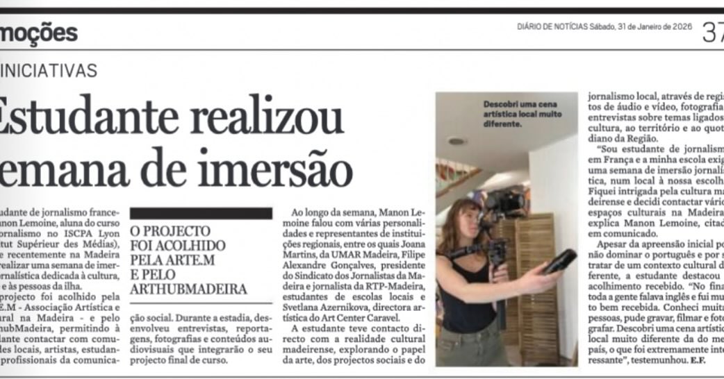 Today was a proud moment for our team! 🌟
Our intern Manon Lemoine @manon_lmn__ from ISCPA Lyon (Institut Supérieur des Médias) @iscpa.ecole, was featured in a live newspaper at Diário de Notícias Madeira @dnoticiaspt taking her first steps into the world of real journalism.
During our entire Youth Exchange Fake Out Lab, Manon was always with us: joining brainstormings, taking part in discussions, asking smart questions, and never forgetting to capture our activities through photos and videos. 📸✨
A huge thank you to Érica Franco and Diário de Notícias for supporting young talent and giving space to new voices in media.📰💫 #FakeOutLab #YouthExchange #YoungJournalist #InternLife #LearningByDoing #ErasmusPlus #CreativeYouth #Madeira #artemassociation #artemassociationmadeira #