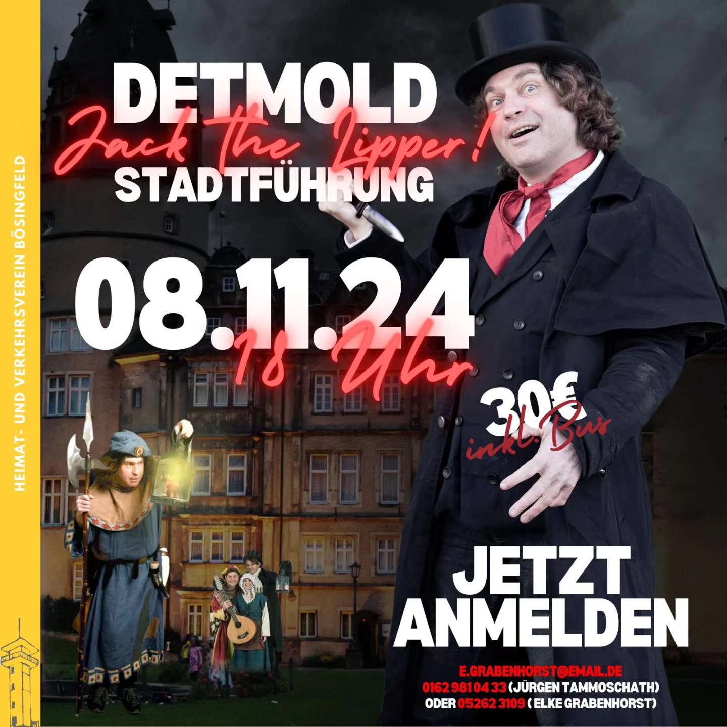 Der Heimat- und Verkehrsverein Bösingfeld lädt ein zu einer ganz besonderen Stadtführung am 8.11.24 in Detmold. Dort wird Daniel Wahren alias „Jack the Lipper“ sein Unwesen treiben. „Jack the Lipper“ wird die Teilnehmer mitnehmen in die finstersten Ecken von Detmold und ihnen so einiges erzählen, über die schaurigen Dinge, die sich in alten Zeiten zugetragen haben. Wobei es beim „Erzählen“ nicht bleibt, denn gefühlt ist man live dabei. Daniel Wahren versteht es dabei, wie gewohnt sein musikalisches Talent einzubringen, sein historisches Wissen zu vermitteln und ganz nebenbei werden die Teilnehmer Teil eines Live- Straßentheaters, denn so viel sei verraten: Es werden ihnen noch andere schaurige Gestalten begegnen. Die Stadt-Tour mit „Jack the Lipper“ ist auf jeden Fall ein außergewöhnliches Erlebnis. „Jack the Lipper“ trieb viele Jahre lang sein Unwesen in Detmold. Daniel Wahren wird dieses Format aber demnächst einstellen. Ein Grund mehr, jetzt dabei zu sein!
Los geht’s in Bösingfeld um 18 Uhr auf dem Busparkplatz an der Sekundarschule. Im Preis von 30 € pro Person ist die Führung und der Bustransfer enthalten.
Anmeldungen unter:
e.grabenhorst@email.de
oder telefonisch
05262 3109 Elke Grabenhorst
0162 981 0433 Jürgen Tammoschath