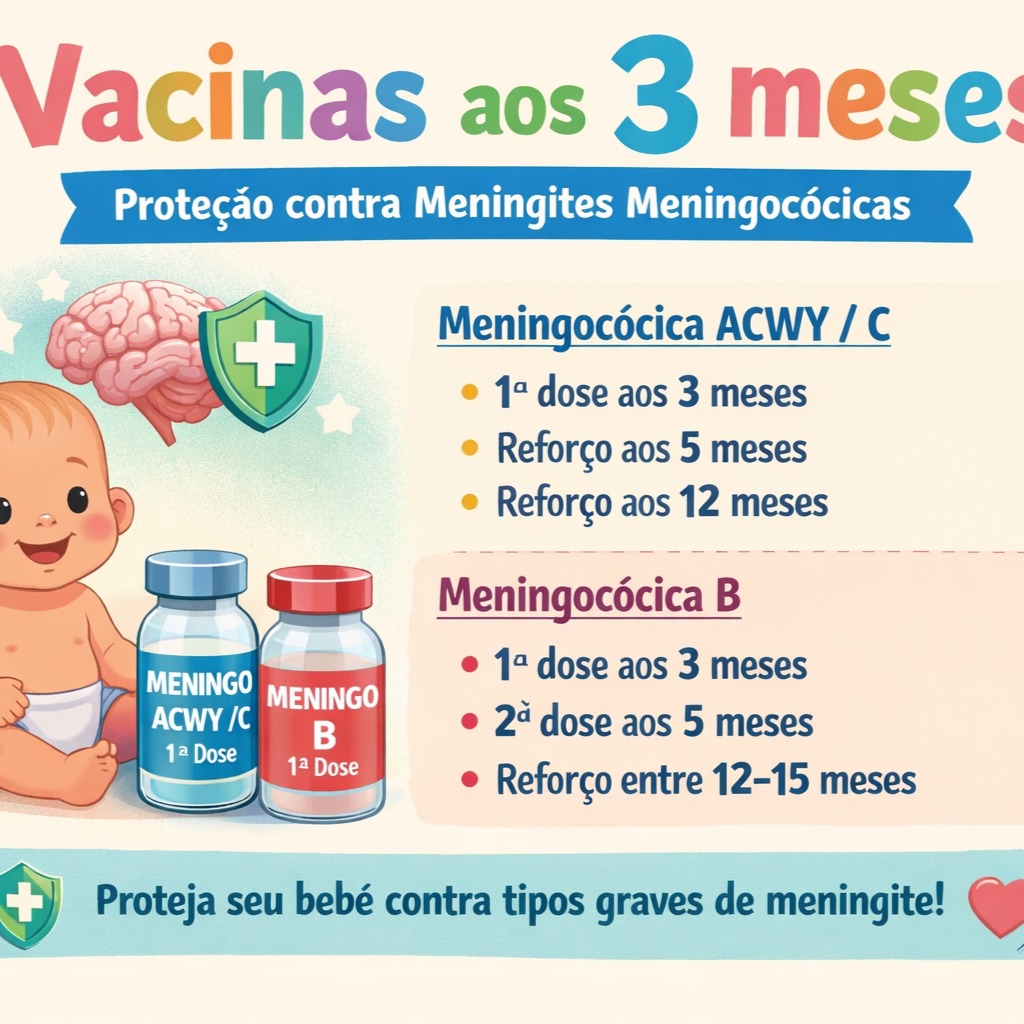 Aos 3 meses de idade, as Sociedades Brasileiras de Pediatria (SBP) e de Imunizações (SBIm) recomendam a administração da 1ª dose das vacinas Meningocócica B (proteção contra meningite B) e Meningocócica ACWY/C (preferencialmente ACWY contra tipos A, C, W e Y). #cliespvacinas, #la_fragetti, #papodevacinas, #vacinas, #vacinacao