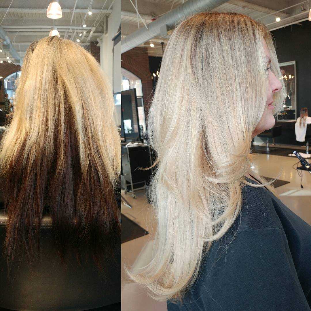 Today's transformationπ This process took a total of 8 hours to do. If looking to correct your hair please understand that it is a patient and very time consuming process (although worth the results!) Patience, prayer and Olaplex. β #umbrellasalon #wellaprofessionals #wellalife #olaplex #oribe #correctivecolor #modernsalon #behindthechair #americansalon #blonde #balayage #saynotoboxdye
