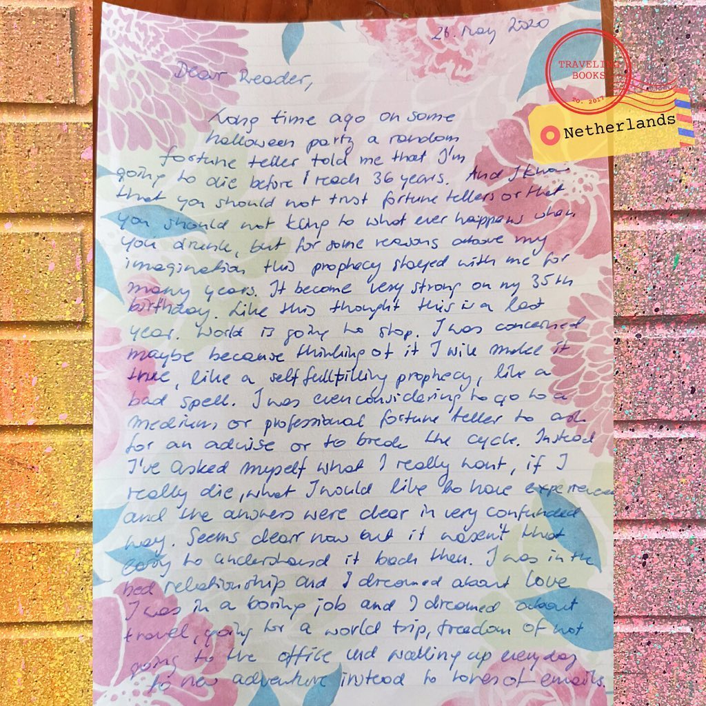 Handwritten story page #1 - Post 1 of 2 “Long time ago on some halloween party a random fortune teller told me that I’m going to die before I reach 36 years. And I knew that you should not trust fortune tellers or that you should not … to what ever happens when you drink, but for some reasons above my imagination this prophecy stayed with me for many yeas. It became very strong on my 35th birthday. Like this thought, this is a last year. The world is going to stop. I was concerned maybe because thinking of it I could make it true, like a self fulfilling prophecy, like a bad spell. I was even considering to go to a medium, or professional fortuneteller to ask for advise or to break the cycle. Instead I’ve asked myself what I really want, if I really die, what I would like to have experience, and the answers were clear in very confounded way. Seems clear now but it wasn’t that easy to understand it back then. I was in a bad relationship and I dreamed about love. I was in a boring job and I dreamed about travel, going for a world trip, freedom of not going to the office, and waking up every day to a new adventures instead to … emails. .
.
Continue reading 2nd page of the letter on the next post. .
.
.
Thank you @riskrock from @yorkvillemurals for the colourful background.
.
.
.
#netherlands #amsterdam #amsterdam🇳🇱 #handwritten #analog #pennpaper #writing #mystory #yorkvillemurals #yorkville #toronto #streetart #murals #stories #quarantinestories #quarantine #covid19 #peoplefromaroundtheworld #goodmemories #travelingbooksproject #travel #love #canada #covid #covidstories #quarantine #freedom #freespirit #halloween