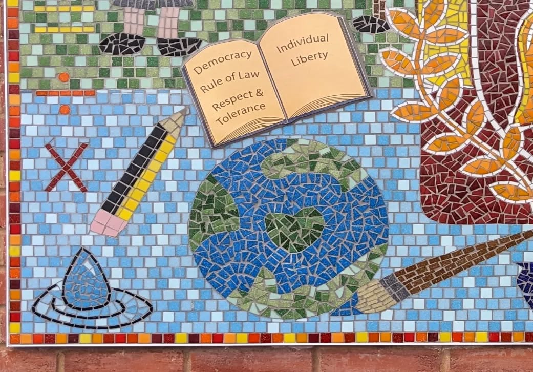 A recently completed mosaic for Ashingdon primary school, celebrating 150 years 🎉
The design is made up of childrens drawings and the schools logo. The house teams air, earth, fire and water are also included.
#mosaicbook #themosaicstudio #pencil #globe #earth #earthmosaic #watersign #painting #schoolvalues #mathssymbols #glassmosaic #glassmosaicart