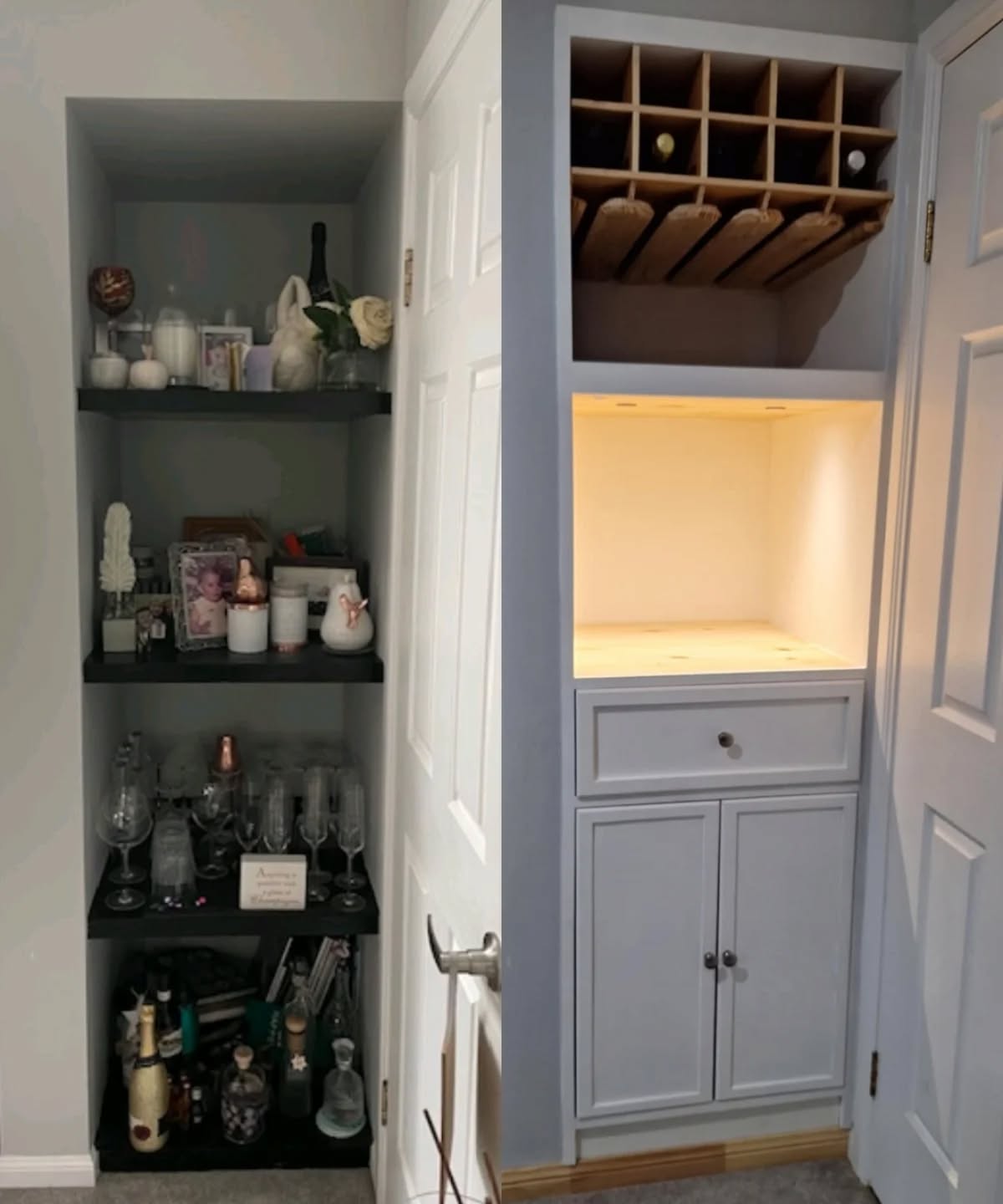 A before and after of a cupboard we created last year. A perfect example of custom work ✨
This customer had some deep shelves that really didn't work for her items. We created a practical shelving unit for storing and making drinks, to slide into the space.
It had wine glass and bottle holders, a cupboard, a drawer with slide out table to prepare drinks on and a open space for displaying items. 🍸🍹
#knotsandgrains #drinks #customwork #recycledwood #beforeandafter #goldcoast #smallbusiness