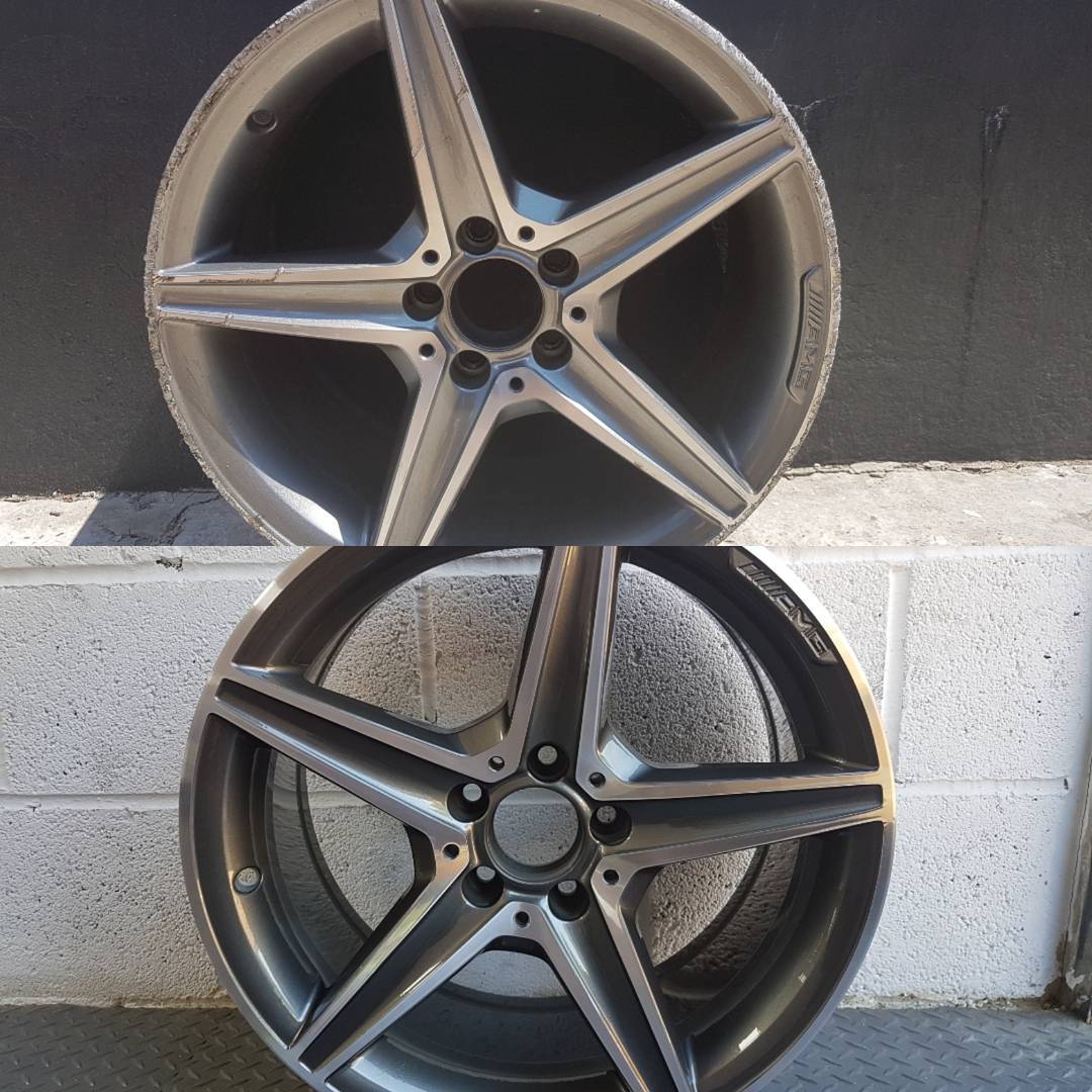Before and after shots from a Merc diamomd cut refurb. #mercedes #diamondcut #wheelrefurb #alloywheels #amg #powdercoating