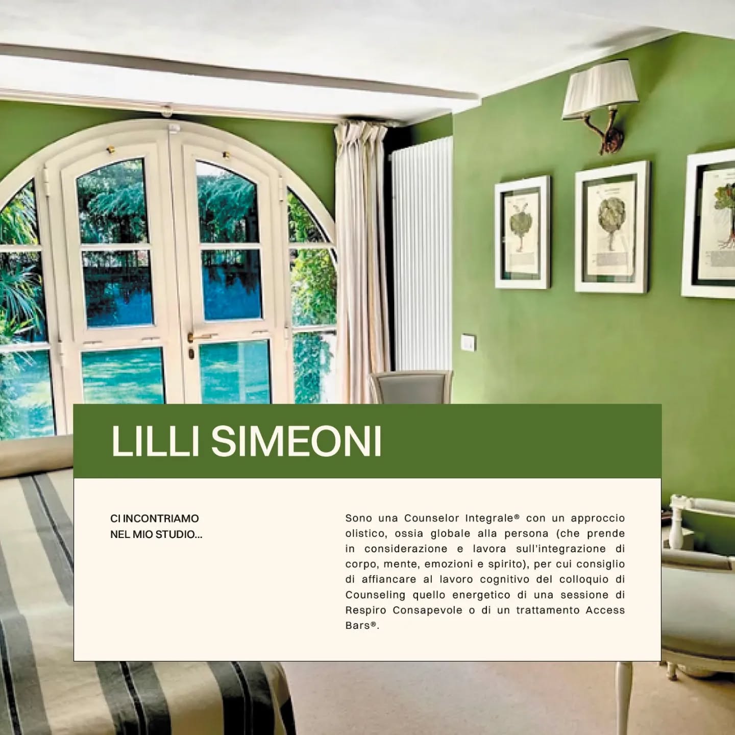 Sono una Counselor Integrale® con un approccio olistico, ossia globale alla persona (che prende in considerazione e lavora sull’integrazione di corpo, mente, emozioni e spirito), per cui consiglio di affiancare al lavoro cognitivo del colloquio di Counseling quello energetico di una sessione di Respiro Consapevole o di un trattamento Access Bars®.
Il primo incontro, gratuito e non vincolante, ci permette di conoscerci reciprocamente e di esplorare la tua situazione e i tuoi obiettivi.
Ti informo del supporto che posso darti e degli strumenti che utilizzo: colloquio di Counseling, Respiro Consapevole/ Rebirthing e Access Bars®.
Queste tecniche possono essere utilizzate singolarmente o abbinate insieme all'interno di una stessa seduta.
Se hai voglia di saperne qualcosa in più vieni a vedere il mio sito https://www.lospazioperte.it/
#therapy #therapist #counseling #counselorolistico #mentalhealth #traumarecovery #mentalhealthawareness #privatepractice #terapeutaholistico #salutebenessere #accessbars #accessconsciousness #cambiamento #coachingonline #benessereolistico #holistichealer #holisticwellness #olistico #trainingolisticototale #holisticapproch #holisticcoach #verona #italy #veronacity #veronaitaly