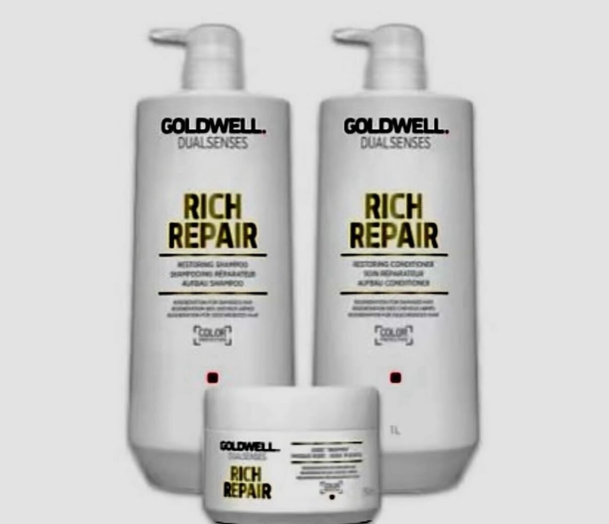 ✨GOLDWELL RICH REPAIR TRIO✨Goldwell Dualsenses Rich Repair Shampoo, Conditioner litres & 60 sec Deep Repair Treatment, this magic trio restores damaged hair structures from deep inside & reawakens the shine of natural hair. #goldwell #goldwellrichrepair #healthyhair #weknowhair