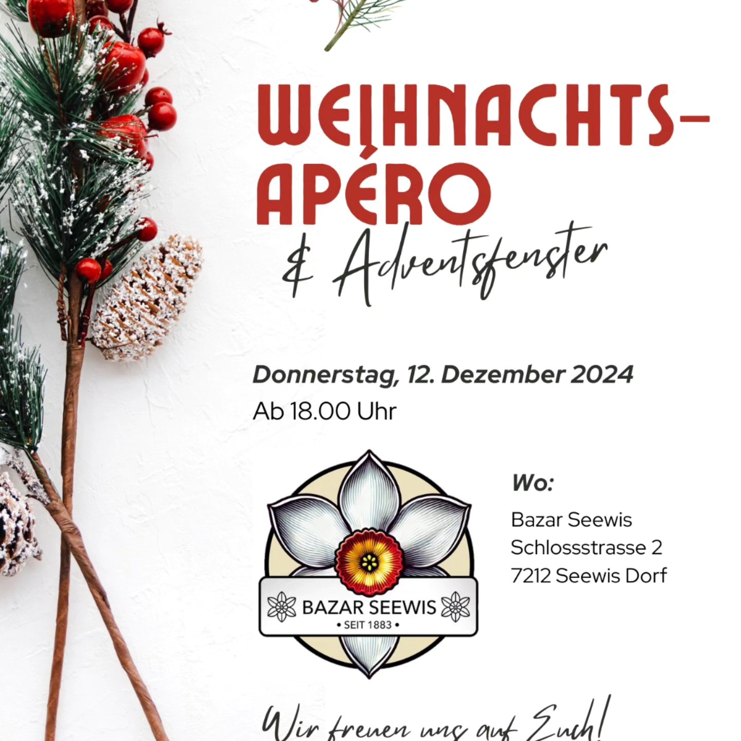 ⭐ Weihnachtsapéro und Adventsfenster ⭐
Morgen ist es soweit! Auch wir haben ein Adventsfenster und freuen uns auf euren Besuch.
Für Speis und Trank ist gesorgt.🍷
Lasst uns zusammen die Adventszeit geniessen, gemütlich einen Schwatz halten, etwas Glühwein sippen und mit Licht und Wärme ein bisschen Helligkeit in die dunklen Tage bringen. 💫
Und falls du noch ein Weihnachtsgeschenk brauchst, wirst du bei uns auch fündig. 😏
#adventsfenster #apero #weihnachten #geschenkidee #seewis #bazar_seewis